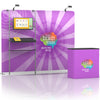 10ft QuickZip Showcase trade show display with fabric backdrop, shelving system, monitor mount, and counter.
