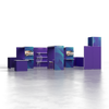 20×30 modular trade show booth with integrated counters, shelving, monitor mounts, custom archway structure, and tower with internal storage closet