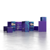 20×30 modular trade show booth with integrated counters, shelving, monitor mounts, custom archway structure, and tower with internal storage closet