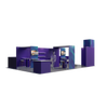 Modular 20×30 booth configuration featuring counters, shelving sections, LED lights, monitor mounts, and a tower with built-in storage closet