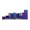 20×30 modular trade show display with connected counters, shelving units, wall-mounted monitor displays, and defined meeting areas