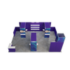 Overhead view of a 20×30 modular booth showing counters, shelving, monitor mounts, custom archway, and designated meeting areas