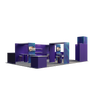 Angled view of a modular 20×30 booth with counters, shelving, monitor mounts, custom archway elements, and storage tower with built-in closet storage