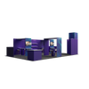 Modular trade show booth featuring integrated counters, shelving sections, wall-mounted monitor displays, and enclosed meeting area