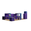 20×30 modular exhibit showcasing counters, shelving, monitor mounts, custom archway structure, and tower with storage closet