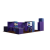 Modular booth layout with multiple counters, shelving units, monitor mounts, and defined meeting space within a 20×30 footprint, highlight dark oak trade show flooring