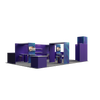 Compact modular configuration featuring counters, shelving, wall-mounted monitor displays, and a tower with internal storage closet