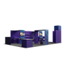 Angled modular booth view highlighting counters, shelving sections, monitor mounts, and built-in storage closet