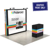Angled view of an 8ft straight pop-up display graphic with a matching printed podium cover, set on a light grey floor.
