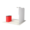 Rear view of the straight trade show display showing plain fabric backing, frame structure, and attached LED light fixtures.