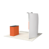 Rear view of the curved trade show display showing plain fabric backing and attached light fixtures.