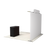 Rear angled view of trade show display showing fabric backing, frame structure, overhead lighting, attached header panel, and podium backside.
