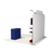 Rear view of straight trade show display showing plain fabric backing, frame structure, and custom podium.