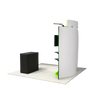 Rear view of the curved trade show display showing plain fabric backing, side angle of the TV stand, and backside of the podium.