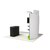 Rear view of the curved trade show display showing plain fabric backing, side angle of the TV stand, and backside of the podium.