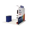Rear view of straight trade show display showing custom graphic on back side and top header, as well as backside of the podium.