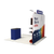 Rear view of straight trade show display showing custom graphic on back side and top header, as well as backside of the podium.