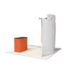 Rear view of the curved trade show display showing plain fabric on the back of the display and header panel.