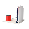 Rear view of the trade show display showing plain fabric backing, side view of the TV stand, and backside of the podium counter.