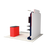 Rear view of the trade show display showing plain fabric backing, side view of the TV stand, and backside of the podium counter.
