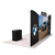 Rear angled view displaying the reverse side of the double-sided graphic panels, overhead header, and podium while showcasing the exhibit's dual-view presentation capabilities.