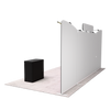 Rear view showing the unprinted backside, mounted LED light arms, and podium positioned behind the display.