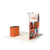 Rear view showing the double-sided printed 8ft curved display with overhead lights and podium.
