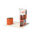Rear view showing the double-sided printed 8ft curved display with overhead lights and podium.