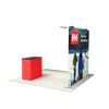 Rear view of the straight trade show display showing custom printed graphics on the back side and attached light fixtures.
