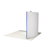 Rear view of curved trade show display showing plain fabric backing, frame structure, and attached light fixtures.