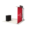 Rear angled view of trade show display showing custom printed graphic on back side, frame structure, podium, attached header panel and overhead lighting.