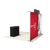 Rear angled view of trade show display showing custom printed graphic on back side, frame structure, podium, attached header panel and overhead lighting.