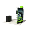 Rear view of the curved trade show display showing graphic on the back side, double sided header, and backside of the podium.