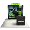 Front view of modular trade show display with tension fabric graphics, mounted monitor stand, and podium positioned in front.