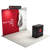 Angled booth view showing trade show display with header, lighting, and podium arranged within the setup.