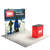 Three quarter booth view featuring a straight tension fabric backdrop with top mounted lights and branded counter.