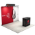 Angled booth view showing custom printed trade show display with header, lighting, and podium.
