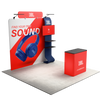 Three quarter view of modular exhibit featuring a straight backdrop, product shelves, monitor mount, header sign, and branded counter.
