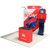 Offset angle of an 8ft trade show display with straight frame, TV stand with shelves, header attachment, LED lights, and counter placement.