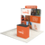 Right side angle showing the 8ft curved frame, attached header panel, lighting, and podium placement within the booth.