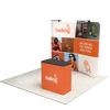 Right side angle showing the 8ft curved frame profile, light placement, and podium arrangement within the booth.