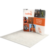 Three-quarter perspective showing the curved display and custom printed fabric graphic with 2 overhead LED lights.