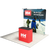 Side angle showing the straight frame, lighting placement, and podium arrangement within the booth space.