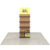 QuickZip Showtime tension fabric shelving display with wood-textured panels and branded top section for events.
