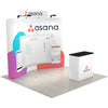 Angled view of the 10ft QuickZip Curved Trade Show Displays with a custom printed top header, convertible podium, and LED lights 