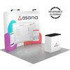 10ft QuickZip Curved trade show display with reversible flooring shown alternating between black and gray wood finishes under the curved backdrop and counter.