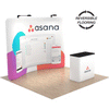 10ft QuickZip Curved trade show display with reversible flooring shown alternating between light and dark oak finishes beneath the backdrop and counter.