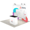 10ft QuickZip Curved tension fabric trade show display with printed backdrop and counter, perfect for portable event branding setups.