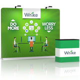 Rush 10ft QuickZip Straight trade show display with printed fabric backdrop and matching counter, available for expedited production.