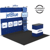 10ft QuickZip Max Straight trade show display sitting on reversible tile flooring alternating with gray and black carpet. 